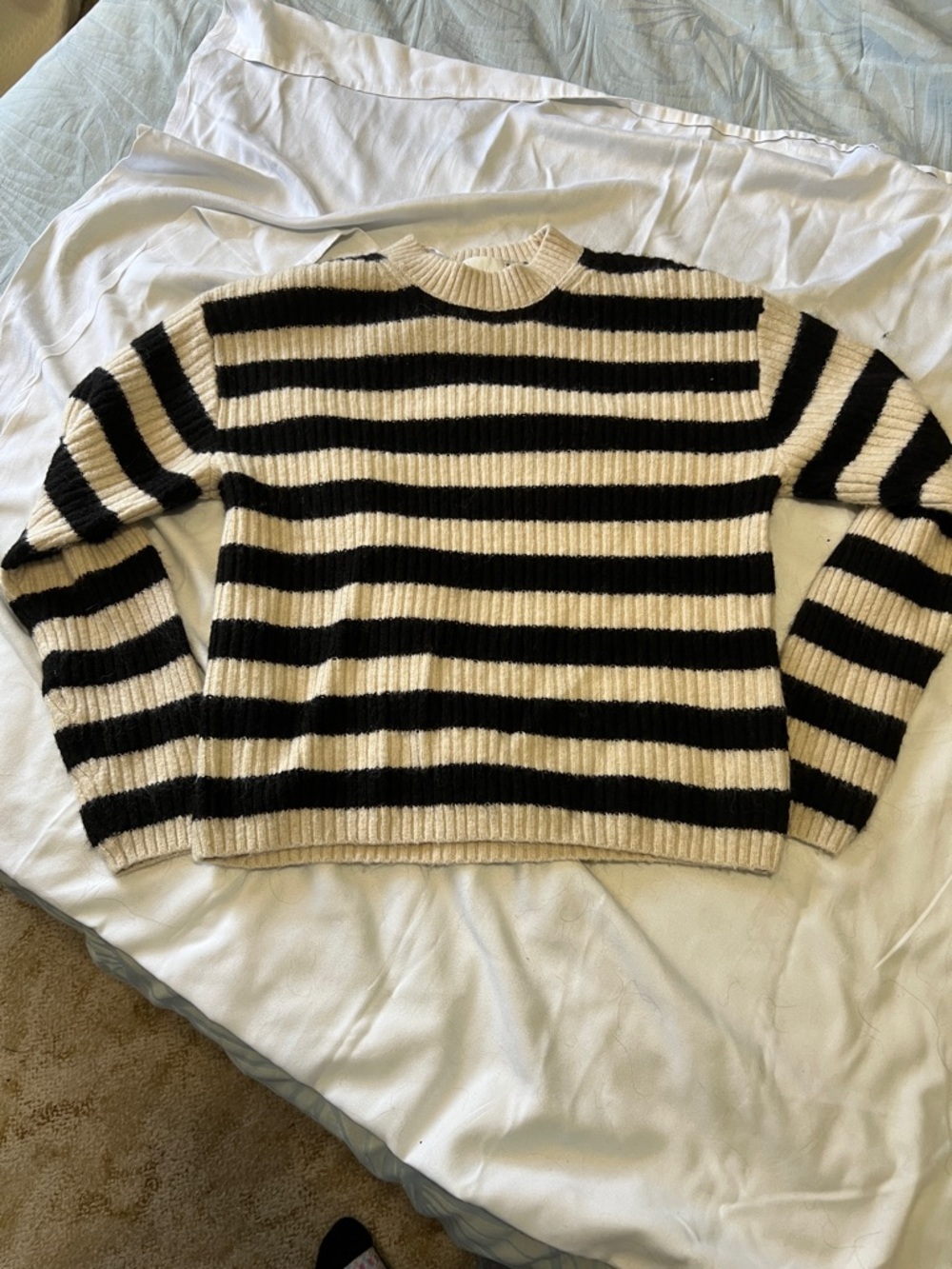 H&M Black and Cream Striped Ribbed Crew Sweater